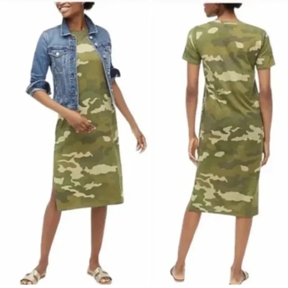 J. Crew | Classic Chic Green Camo Pullover Midi T-Shirt Dress Cotton Size XS